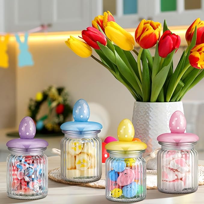 Nitial 4 Pcs Easter Glass Jar with Cap Bunny Rabbit Egg Shape Clear Candy Jar Decorative Food Storage Canister with Airtight Ceramic Lid for Eater Party Tea Cookie Table Decoration(7.8 oz,Easter Egg)