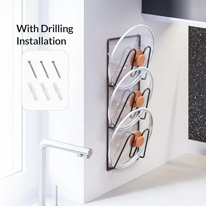 2 Pack Pot Lid Organizer 6-Tier Pots and Pans Organizer Rack for Cabinet Door,Wall & Kitchen Storage No-Drill Adhesive Pot Lid Holder Wall Mount