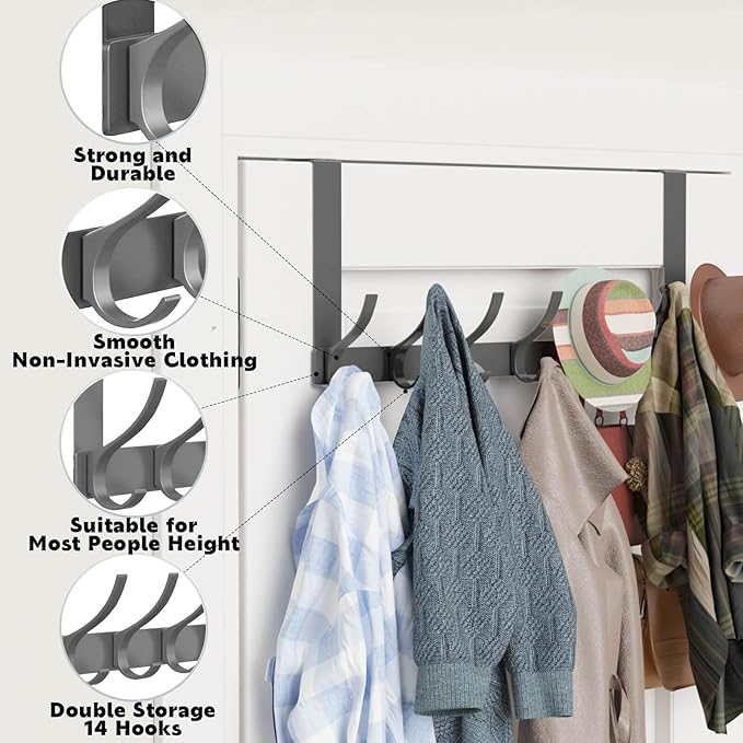 2 Pack Over The Door Hooks, Sturdy Door Hanger, Large Over The Door Towel Rack with 12 Hooks, Heavy Duty Easy to Install, for Bathroom, Bedroom,Kitchen,Hanging Towels, Coats (Grey)