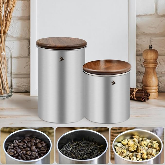 Food Storage Jar Canister with Airtight Walnut Wood Lid Elegant Design Stainless Steel Canister for Tea Coffee Sugar Spice Nuts Snacks Seasonings Storage Jar Caddy (12.8oz Natural)