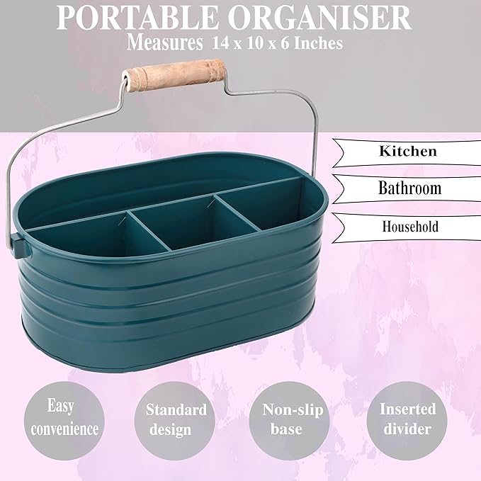 Alpha Living Home - Silverware Caddy, Wooden Utensil Holder with Handle, 4 Compartment Cutlery Organizer Bin for Forks, Spoons, Knives, Picnic, Kitchen Countertop Storage - Dark Cyan