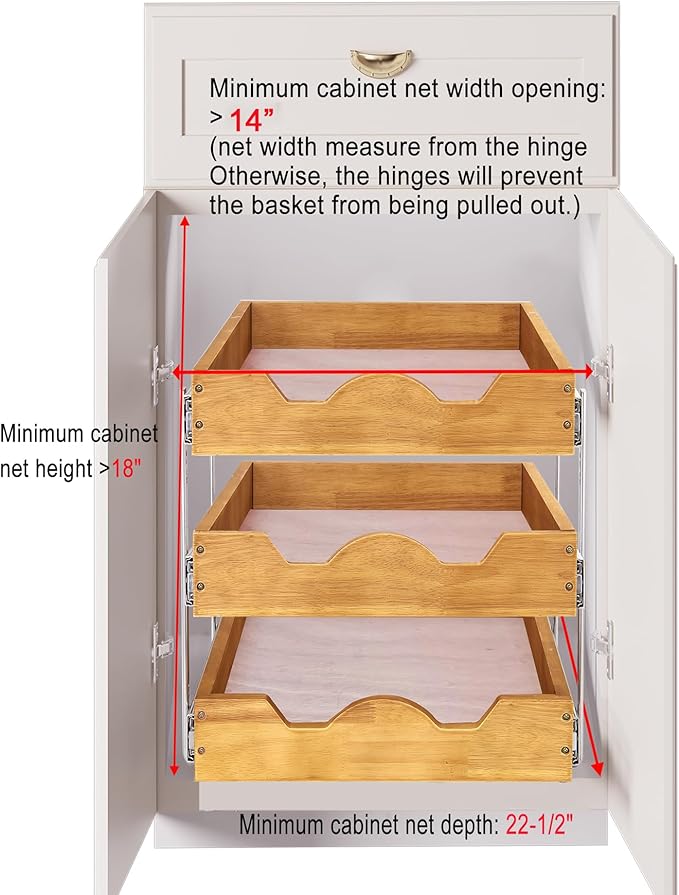 DINDON 3 Tier Pull Out Cabinet Organizer 14”W X21”D Slide Out Shelves With Shelf Liner for Kitchen Wood Roll Out Drawers Pantry Organization