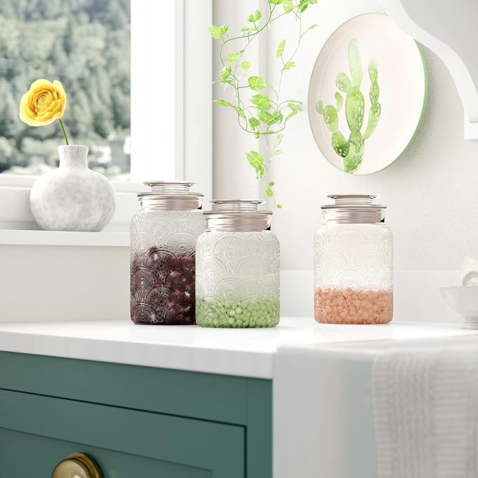 4pc Vintage Glass Canister Set with Airtight Lids - For Kitchen Food Storage and Organization
