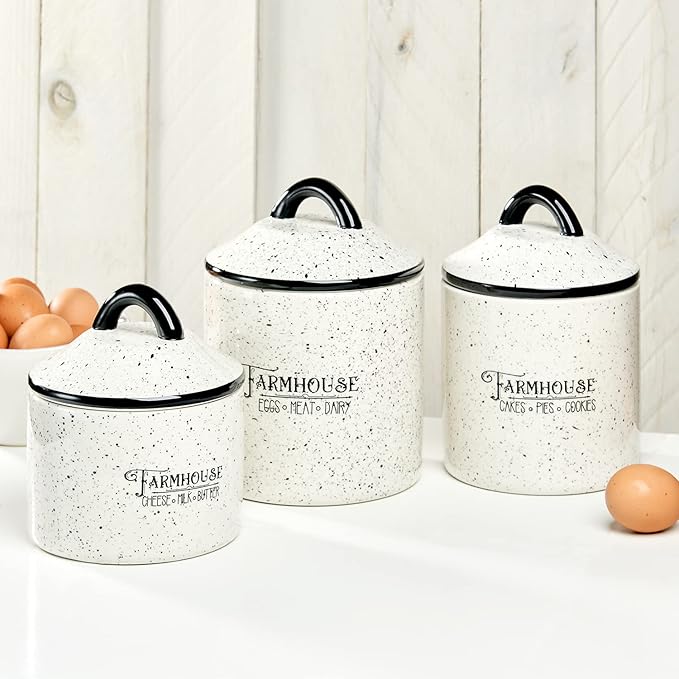 American Atelier Canister Set 3-Piece Ceramic Jars in Small, Medium, Large with Airtight Lids for Cookies, Candy, Coffee, Flour, Sugar, Rice, Pasta, Cereal & More (Farm House)