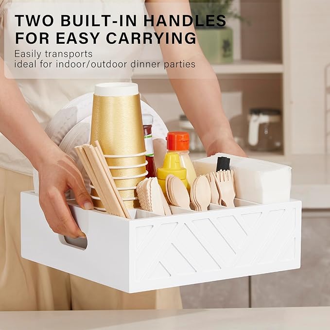 Utensil Holder for Party-Paper Plate Organizer for Countertop, Rustic Wood Silverware Caddy with 7 Compartments for Plate, Cup, Fork, Spoonpicnic Caddy for Plates and Utensils-White