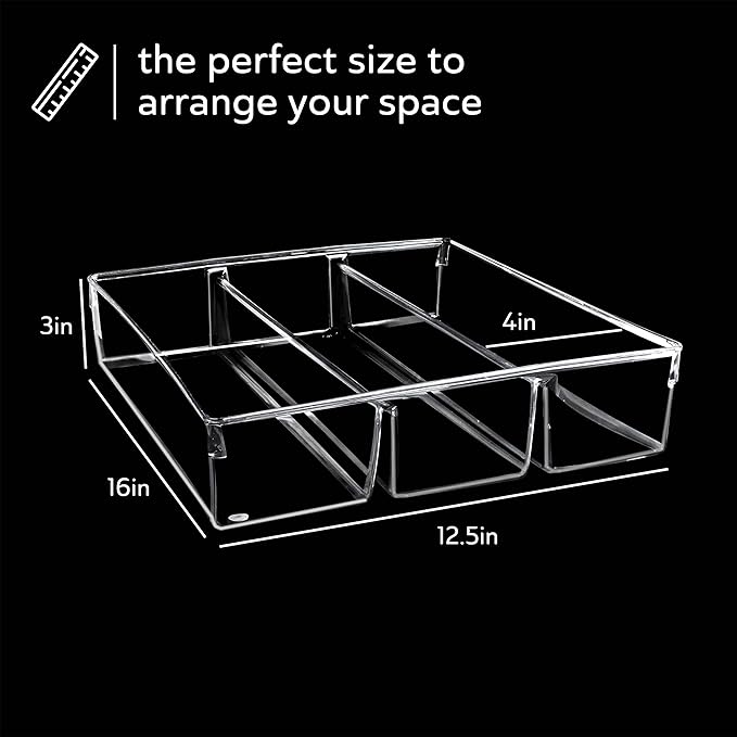 Kitchen Utensils Organizer | Utensil Tray Holder | Large Non-Slip Cutlery Drawer Organizer, 3 Compartment Multi-Purpose Home Organization, Clear Acrylic
