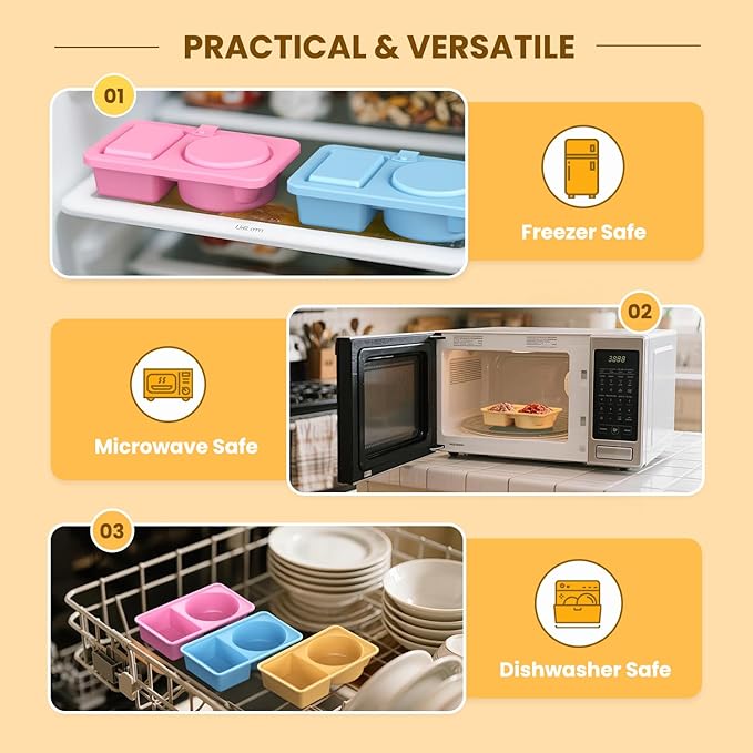 Silicone Reusable Snack Containers with Lids, 3 Pack Double/2 Compartment Snackle Box Container for Salad Sauce, Condiment Containers with Lids for Portion Control, Travel, Picnic