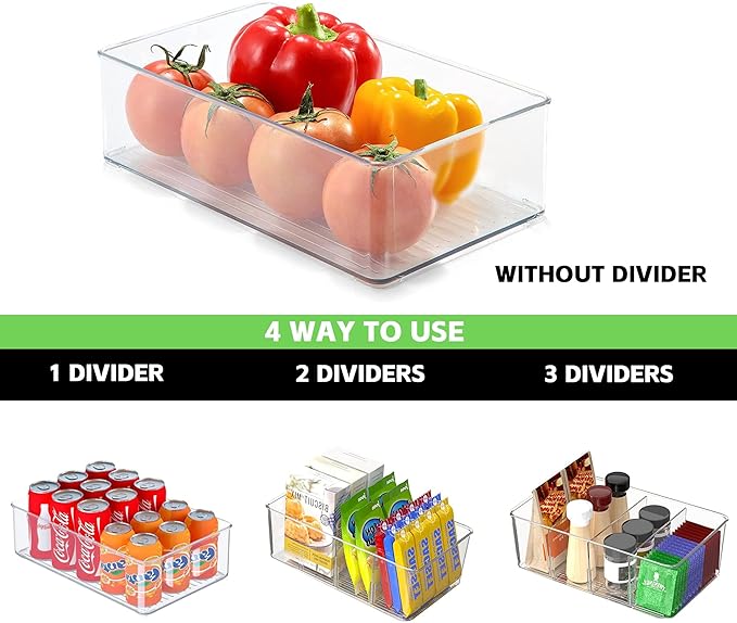 5 Pack Pantry Organizer with Removable Dividers, Snack Organizer for Pantry, Chip,Clear Acrylic Food Storage Bins for Kitchen, Fridge, Cabinet,Packets, Pouches