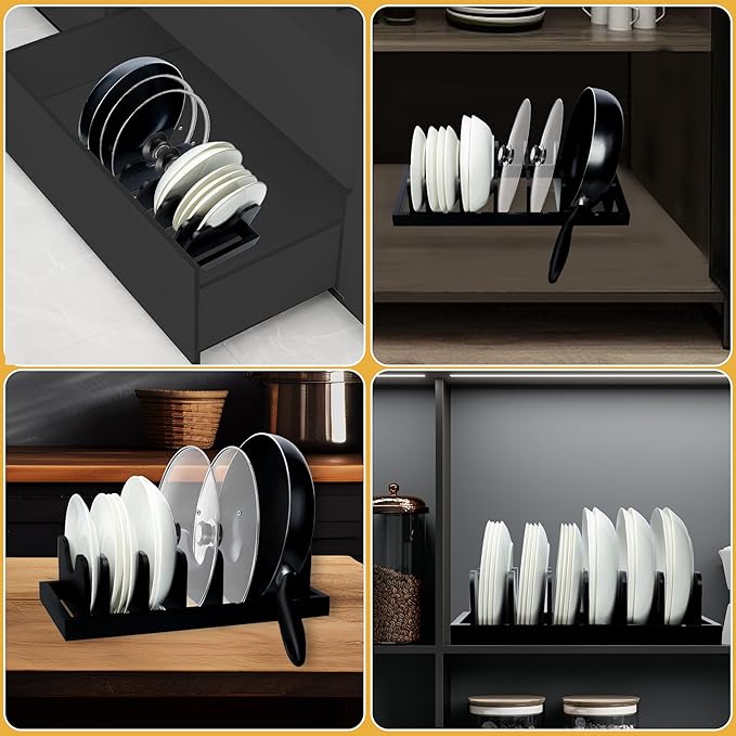 MinBoo Bamboo Pot Lid Organizer Pot Lid Holder, Pot and Pan Organizer Drawer Organizer for Pot Lids, Pans, Cutting Boards & Baking Sheets, Dinner Plates, Reusable Containers in Cabinet Storage,Black