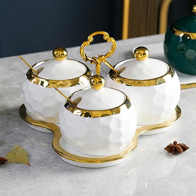 ZENFUN Set of 3 Ceramic Condiment Pots with Trays, Condiment Jars Containers with Lids and Spoons, Porcelain Sugar Salt Bowls Set, White Spice Seasoning Box for Kitchen, Restaurant, Counter, Home