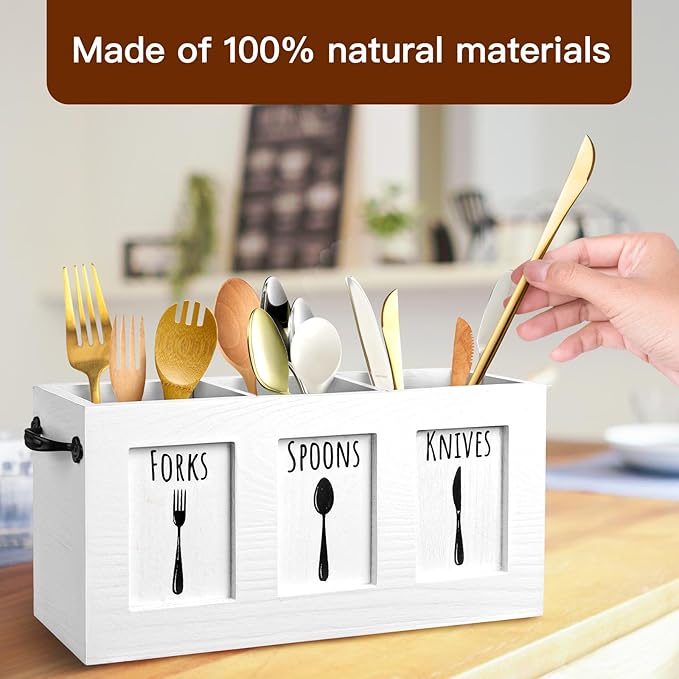 Wood Flatware Organizer, Rustic Utensil & Silverware Holder for Forks, Spoons, Knives, Farmhouse Kitchen Cutlery Caddy Bin Countertop - White