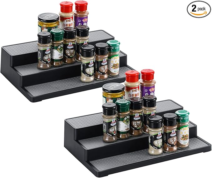 YCOCO Plastic Spice Rack 3-Tier Step Shelf Kitchen Countertop Cabinet Organizer Non Skid and Waterproof,For Spice Bottles,Jars, Seasonings,Baking Supplies,Pack of 2,Black