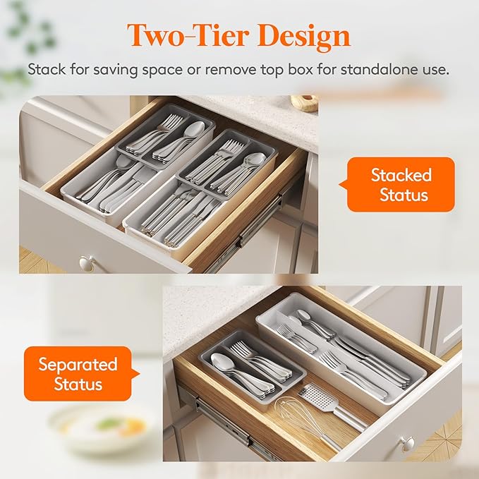 Lifewit Compact Silverware Organizer for Kitchen Drawer, Narrow Flatware Tray Holder, Plastic Cutlery Spoons, Forks and Knives Storage, White&Gray, 3 Pack