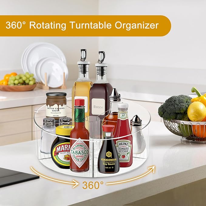 Large Lazy Susan Rotating Turntable Organizer with 5 Dividers - for Kitchen, Bathroom, Cabinet, Pantry, Fridge, Countertop, Vanity - Spinning Food Storage Container for Spices, Condiments-11.5", Clear
