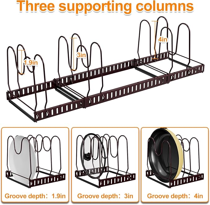Pot And Pan Organizer Under Cabinet, Expandable Pans and Pots Organizer Rack Pot Lid Holder Shelf with 12 Different Size Dividers (12 Brackets-Brown)