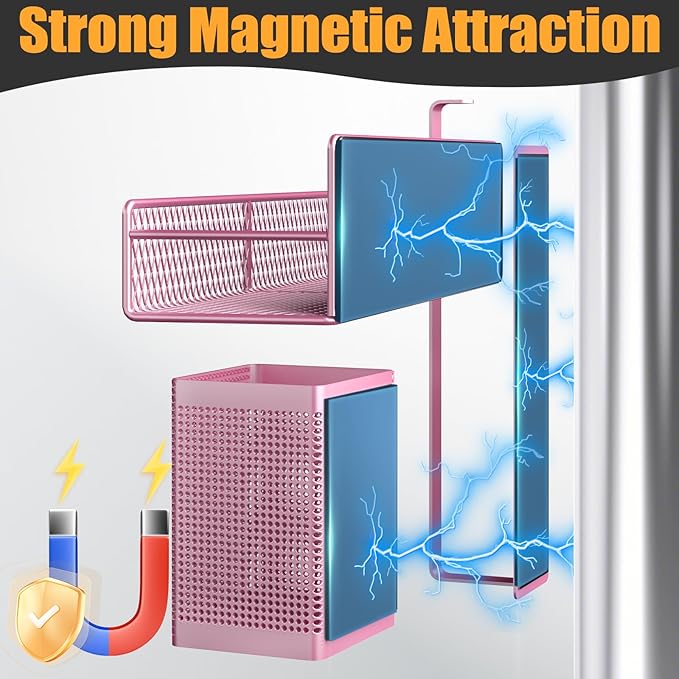 Magnetic Spice Rack for Refrigerator, 6 Pack Metal Magnetic Shelf Pink, Moveable Spice Organizer, Strong Magnetic Storage Fridge Organizer with Paper Towel Holder, Utensils Holder