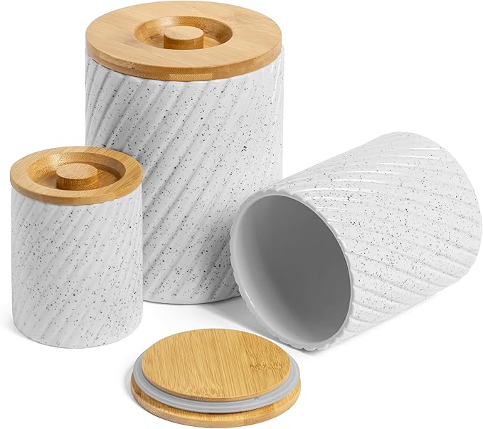 Ceramic Canister Set for Kitchen Countertop & Pantry – 3 Airtight Food Storage Containers for Flour, Sugar & More – Durable White Ceramic with Bamboo Lids