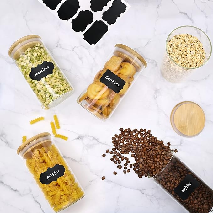 25oz Glass Jars with Airtight Bamboo Lids and Labels, Glass Food Storage Containers for Kitchen Pantry Organization for Coffee Tea Candy Cookie Nuts(6 Pack)