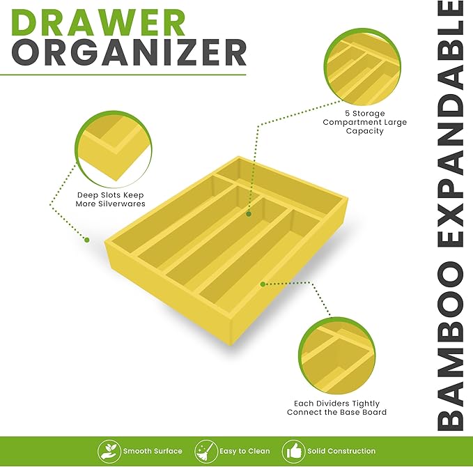 Utopia Kitchen Silverware Organizer, Bamboo Utensil Drawer Organizer for Cutlery, Utensils & Flatware (5 Compartment, Yellow) Pack of 1