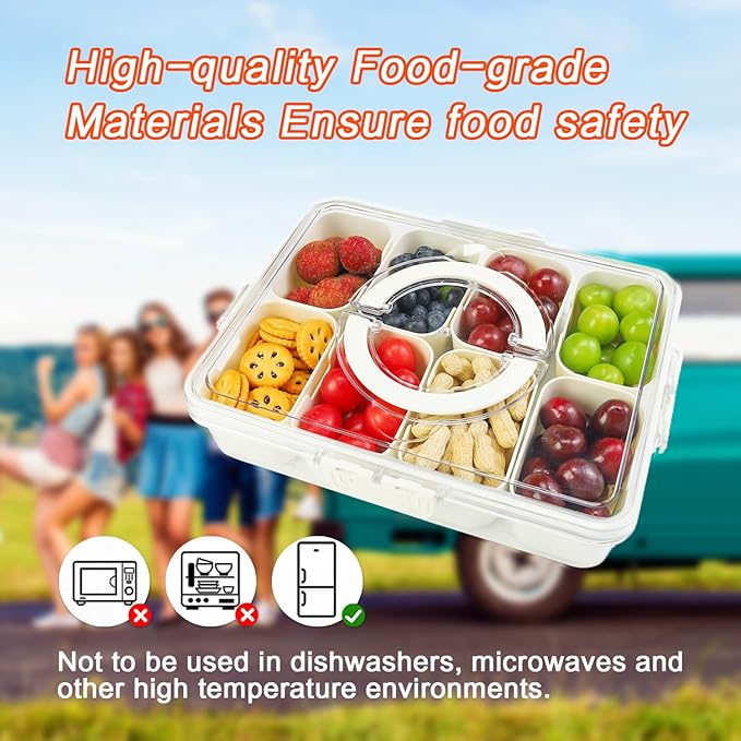Snackle Box Container, 8 Compartment Divided Serving Tray with Lid and Handle, Snack Box Container for Candy, Fruit and Snacks, Great for Gatherings, Outings, Parties and Entertaining