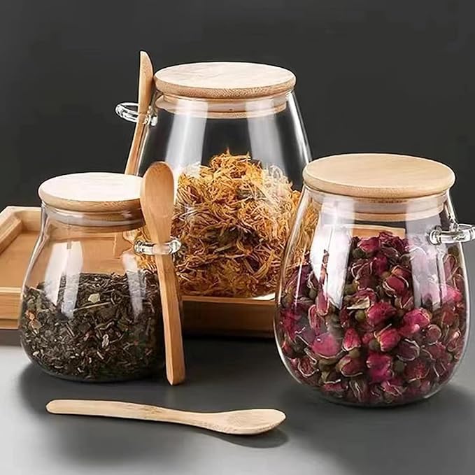 Airtight glass jar storage container with bamboo lid Set of 4, wide mouth, leak-proof, With a spoon, can be used for coffee beans, tea leaves, grains, dried fruits, etc (Middle*4pcs)