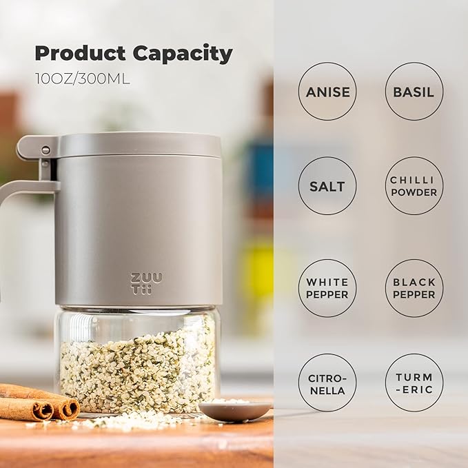 Zuutii Glass Spice Jars Moisture-Proof Spice Containers with Spoons, Set of 2 10oz/300ml Spice Bottles, Mini Seasoning Storage Jars with Flapper Caps for Salt, Sugar, Peppers, Chili in Kitchen Grey