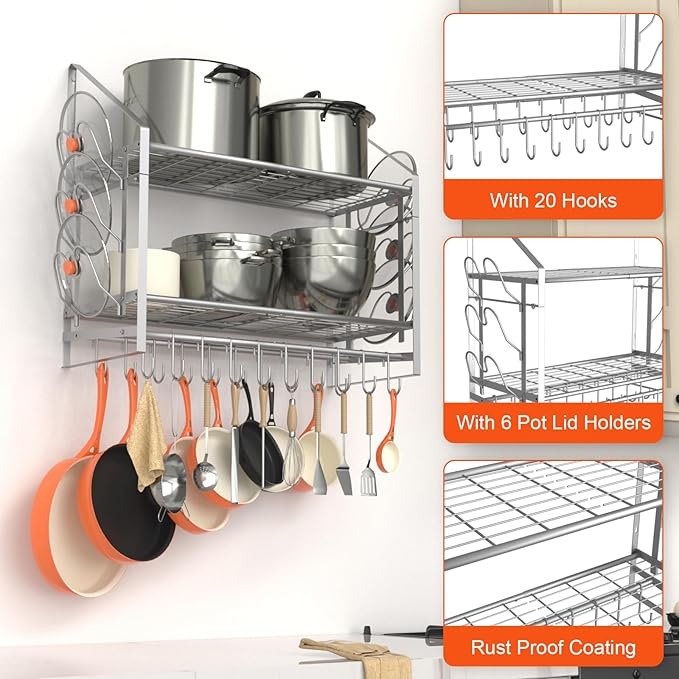 35 Inch Pot Rack Wall Mounted, 2 Tier Pots and Pans Organizer with 20 Hooks and 6 Pot Lid Holders, Heavy Duty Steel Pot and Pan Hanger for Kitchen Cookware Utensils Storage, Silver