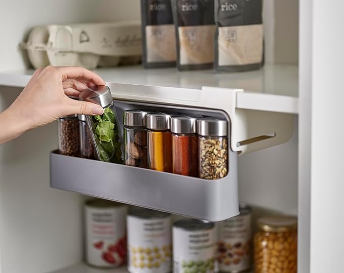 Joseph Joseph Spice Rack Organizer - Under-Shelf Kitchen Cabinet Storage Solution for Spices, Grey