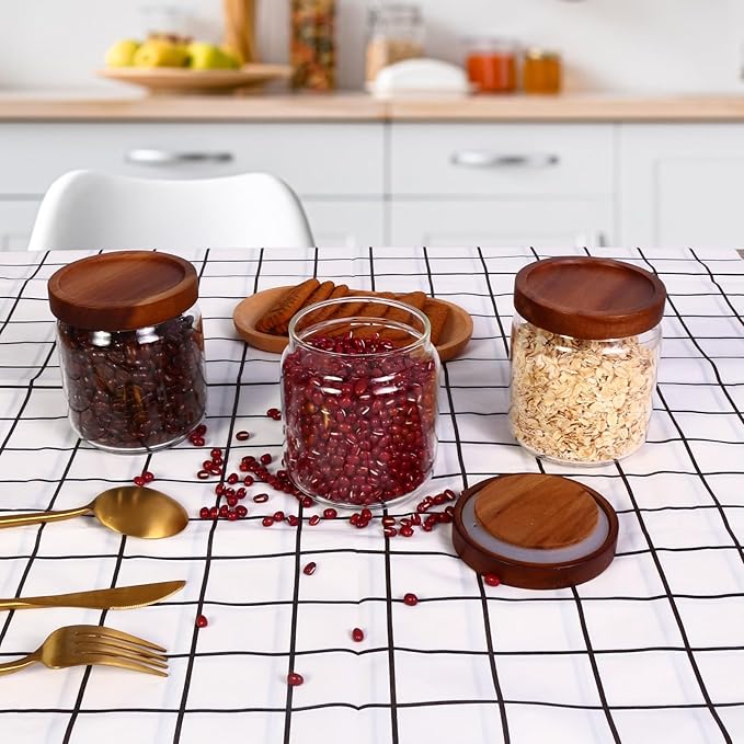 16oz Glass Airtight Food Storage Jars with Acacia Wood Lid - Kitchen Canisters for Coffee,Tea,Sugar,Spices,Herbs,and Candy - Airtight,Eco-Friendly, and Stylish for Pantry or Countertop (4PCS)