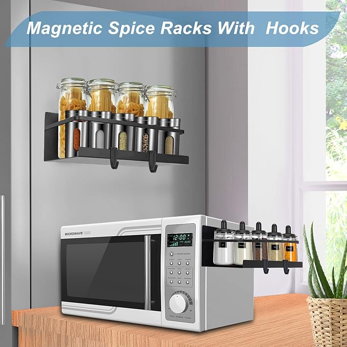 Magnetic Spice Rack, 2 Pack Rack for Refrigerator, Strong Shelf with Removable Hooks, fridge organizer Holding Jars, Perfect Space Saving stove shelf, Black, (JMSR-001)