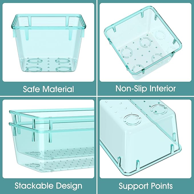 WOWBOX 28 PCS Clear Plastic Drawer Organizer Set, 4 Sizes Desk Drawer Divider Organizers and Storage Bins for Makeup, Jewelry, Gadgets for Kitchen, Bedroom, Bathroom, Office,Sea Blue