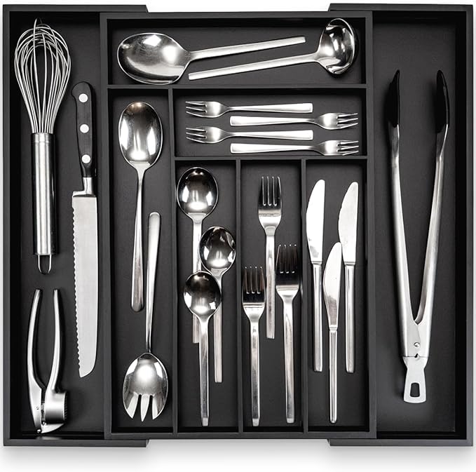 budu Silverware Drawer Organizer #17.7" Depth – Black - Utensil Holder, Kitchen Drawer Organizers for Flatware, Cutlery – Perfect Utensil Organizer for Silverware & Other Kitchen Organization Tools