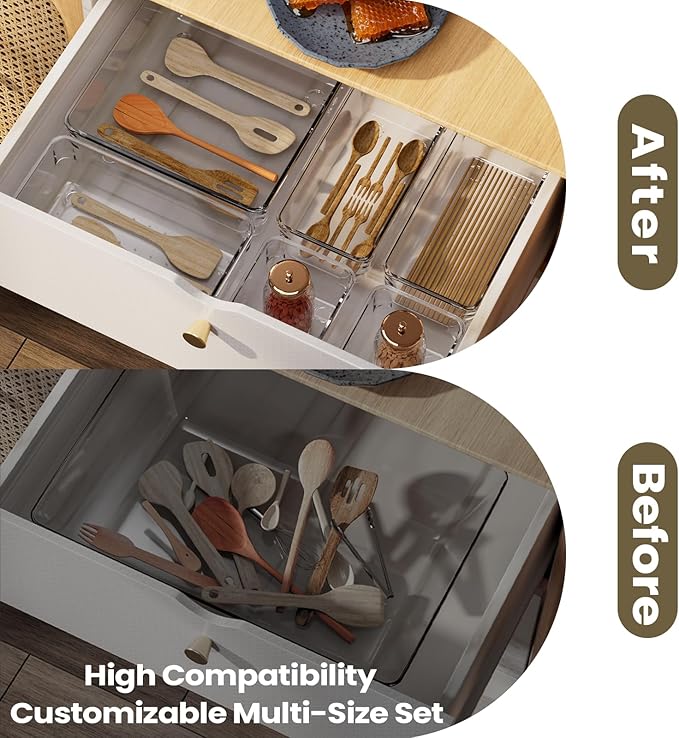 10 PCS Clear Plastic Drawer Organizer Set, 4 Sizes Acrylic Drawer Storage Trays Non Slip Storage Bins for Makeup, Jewelry, Gadgets for Kitchen, Bedroom, Bathroom, Office
