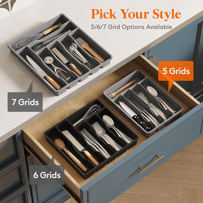 Lifewit Silverware Drawer Organizer Tray, Plastic Cutlery Storage for Kitchen Drawer, Flatware and Utensil Holder Divider for Spoons Forks Knives Tableware, 5 Compartment, Gray