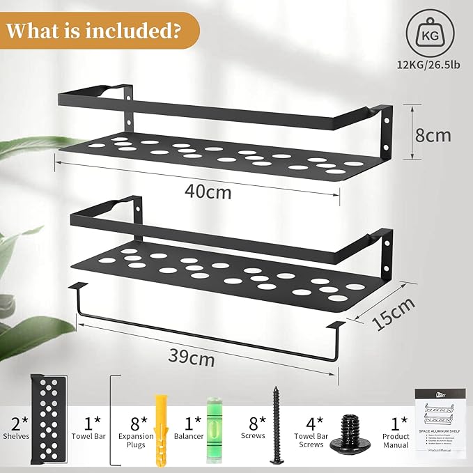 Uten Floating Shelves, Wall Mounted Iron Shelves Set of 2, Bathroom Storage Iron Shelves with Towel Rack, Wall Hanging Organizer Decor Shelf for Bathroom, Kitchen, Bedroom, Living Room
