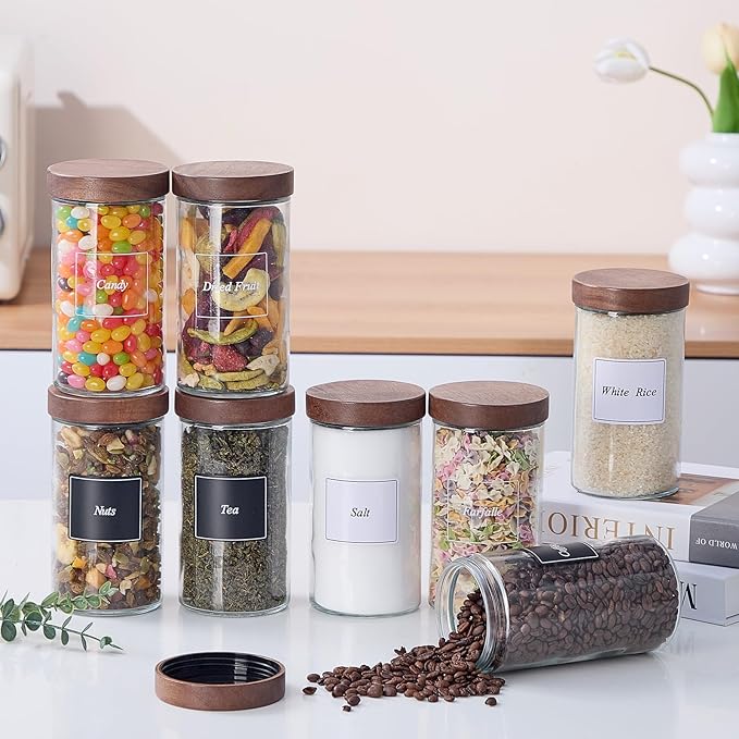 Glass Storage Jars with Labels, 6 Pack -24oz Clear Glass Food Storage Containers with Airtight Acacia Lid,Kitchen Canisters for Candy,Cookie,Rice,Sugar,Flour,Pasta,Nuts and Spice Jars