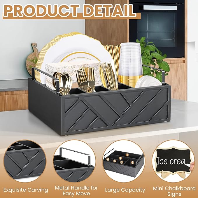 Paper Plate Dispenser with 10 Mini Chalkboard Signs, Wood Paper Plate Holders, Utensil Holder for Party Camping Buffet, Cutlery Flatware Organizer Box, Silverware Caddy for Plate Cup Fork Spoon(Black)