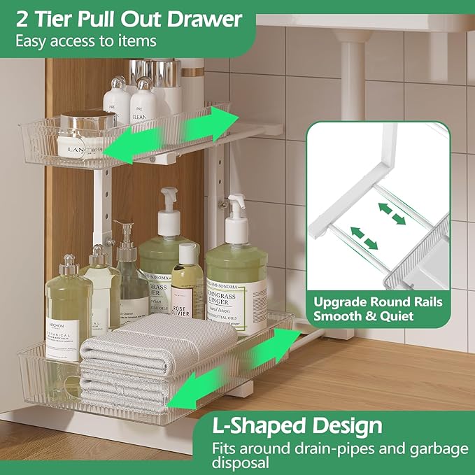 ADRIMER Under Sink Organizer 2 Packs, Pull Out Kitchen Sink Organizer, 2 Tier Slide Out Kitchen Organizers and Storage Bathroom Under Cabinet Storage Shelf, Transparent & White