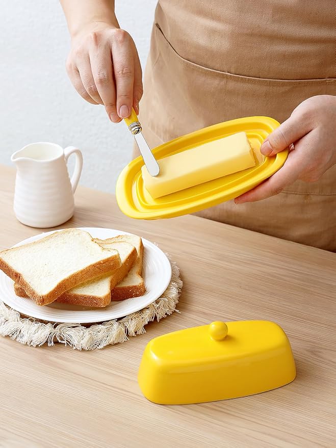 Yedio Ceramic Butter Dish with Lid for Countertop Refrigerator, 8 Inch Butter Holder with Porcelain Cover Knob Handle for East West Coast Butter Stick, Yellow