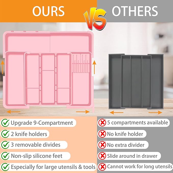 Utensil Drawer Organizer for Kitchen, Expandable Silverware Organizer Cooking Utensils Tray, Large Cutlery and Flatware Holder, Kitchen Tools & Gadgets Storage (Pink)