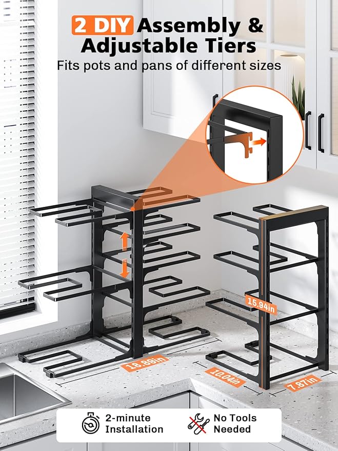 MUDEELA 8-Tier Heavy Duty Adjustable Pan Organizer Rack for Kitchen Cabinet Storage and Organization