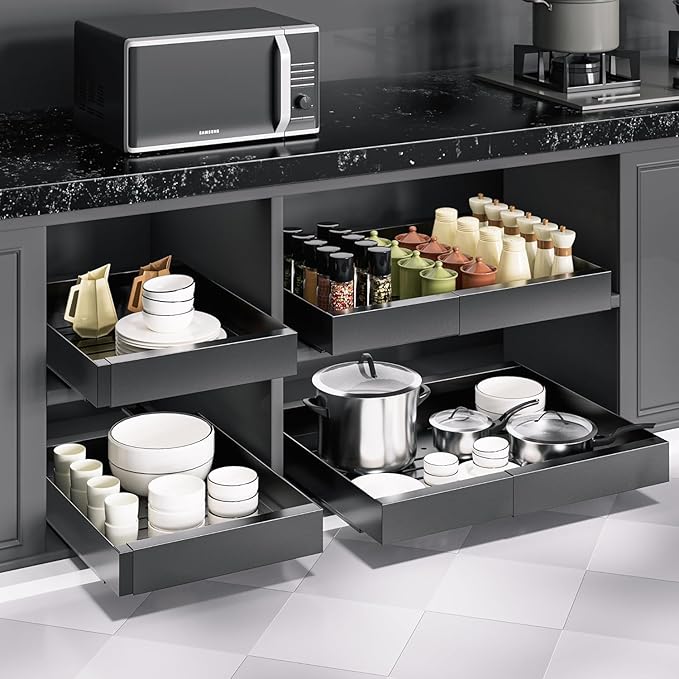 Pull Out Cabinet Organizer, Expandable (12.5”-20.27") Drawer Organizer, Pot and Pan Organizer for Under Cabinet, Pantry Kitchen Organizers and Storage Pan Organizer Storage Drawers(Black, 1PC)
