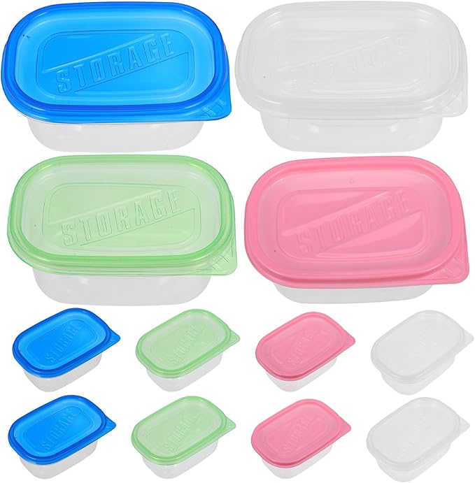 Toyvian 12pcs Food Storage Containers with Lids Rectangular Plastic Lunch Boxes Disposable Food Container Kitchen Sealed Box for Fruit Cake 280ML (Green,Blue,Transparent,Pink)