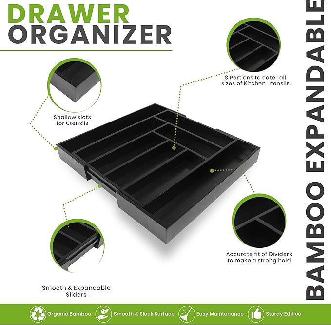Utopia Kitchen Silverware Organizer, Expandable Bamboo Utensil Drawer Organizer, Kitchen Drawer Organizer, Silverware Organizer for Cutlery, Utensils, Flatware Holder (6-8 Slots, Black) Pack of 1