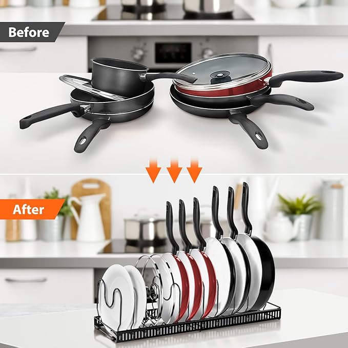 AHNR Expandable Pot and Pan Organizers Rack, 10+ Pans and Pots Lid Organizer Rack Holder, Kitchen Cabinet Pantry Bakeware Organizer Rack Holder with 10 Adjustable Compartments (Black)