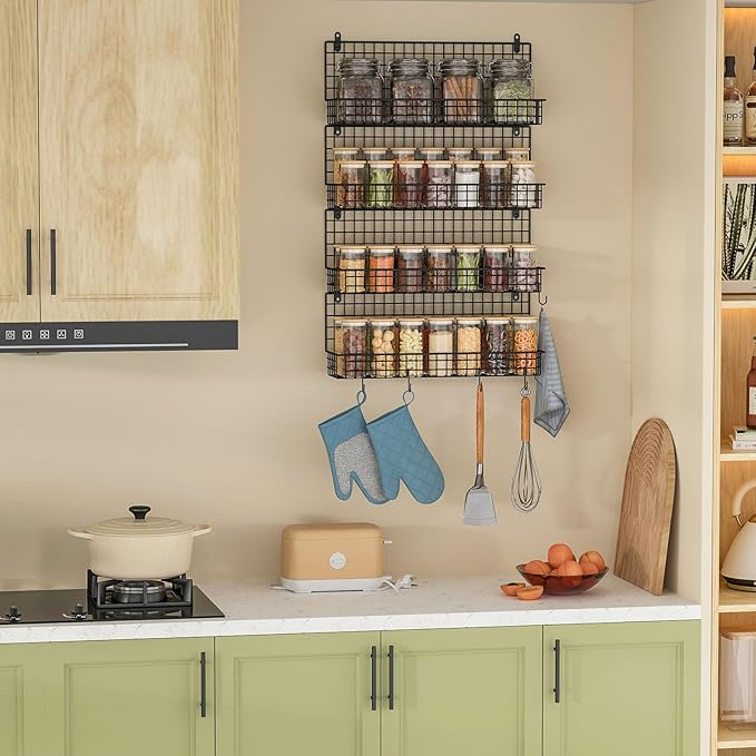 X-cosrack Spice Rack Organizer Wall Mounted 4-Tier Stackable Hanging Spice Storage Racks,Great for Kitchen and Pantry Storing Spices, Large with 5 Hooks, Up to Storage 80 Jars(Patent No.:D909138S)
