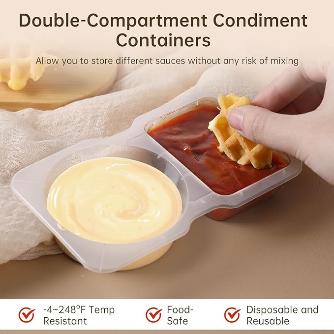 15 Sets Double Compartment Condiment Containers with Lid, Transparent Small Plastic Dipping Containers for Condiments or Dips, Sauce Snack, Salad Dressing, Sampling, Travel Snack