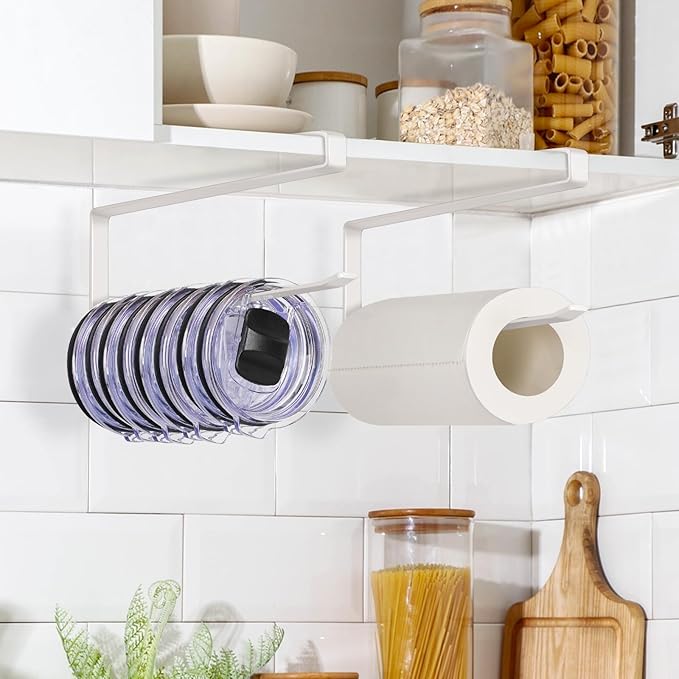 Tumbler Lid Organizer Under Cabinet, Tumbler Lid Storage Hook Up to 10 Lids, Cup Lid Organizer Space Saving Tumbler Lid Hanger for Kitchen Storage, Horizontal Paper Towel Hanger (White)