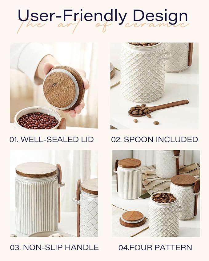 getstar Canisters Sets for the Kitchen, 20 oz Flour Sugar Storage Containers, Ceramic Kitchen Canisters for Countertop Set of 4 with Airtight Lids and Teaspoons