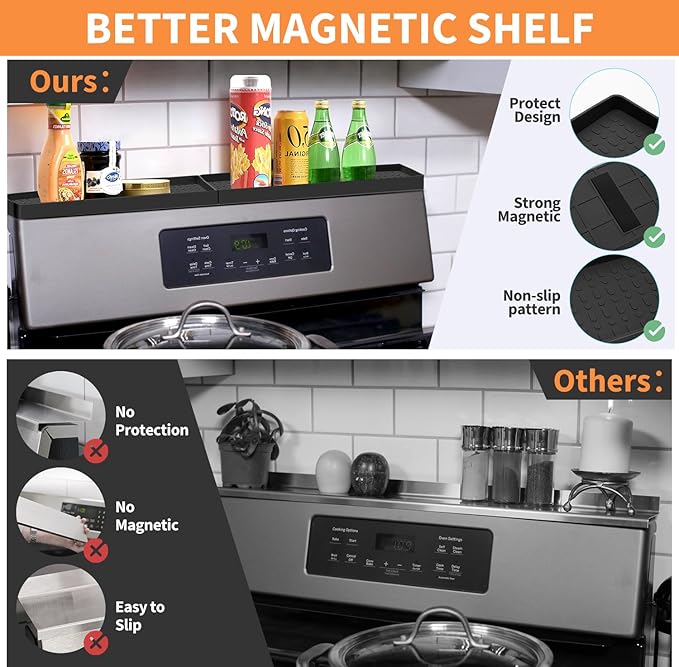 30 Inch Silicone Magnetic Stove Top Shelf, Kitchen Shelf Over Stove Spice Rack Apartment Must Haves Kitchen Gadgets for Above Stovetop Seasoning Organization and Storage with 2 Functional Prtitions